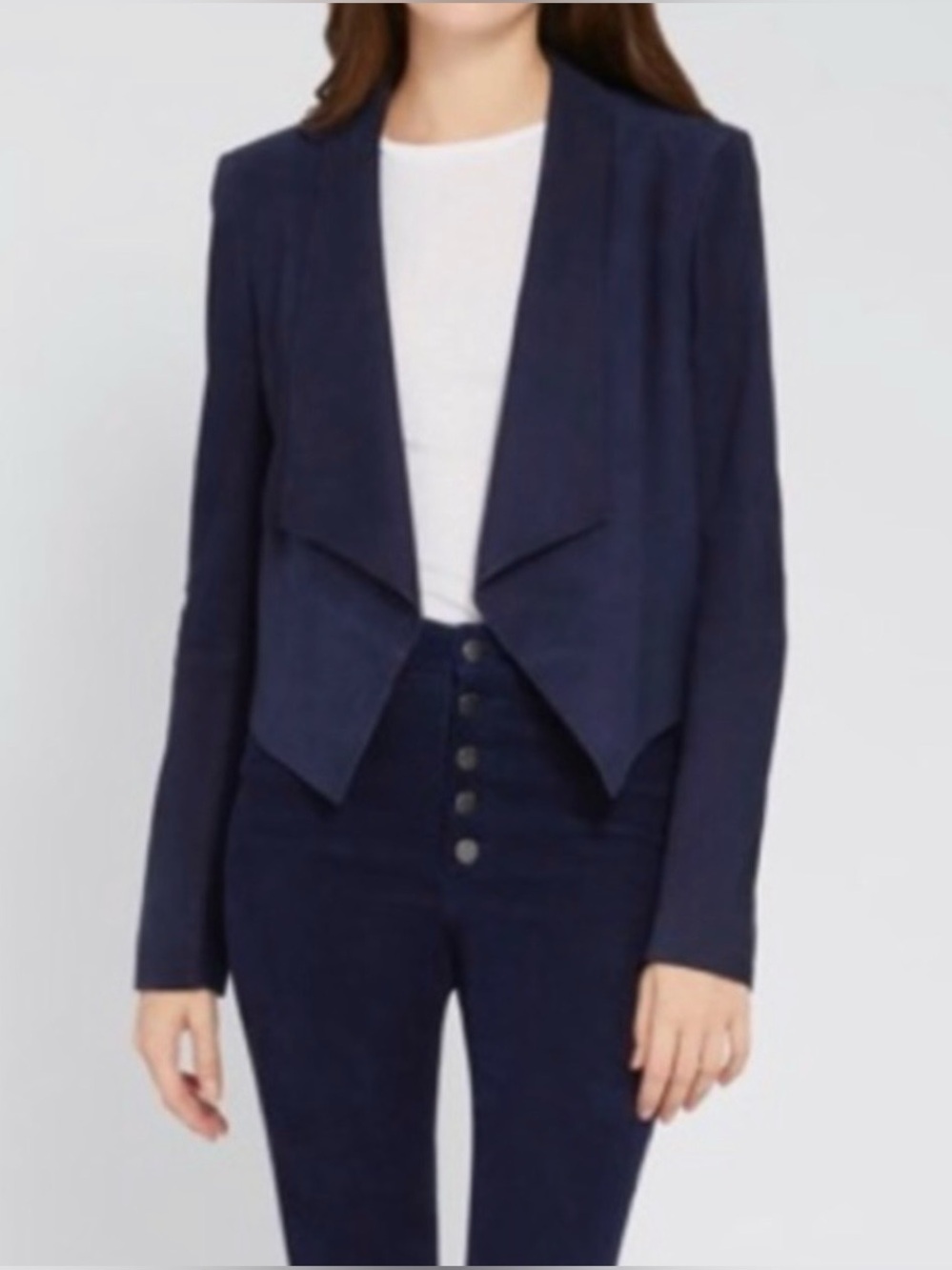 ALICE + OLIVIA Women’s Navy Harvey Goat-Leather Suede Cropped Jacket Blazer